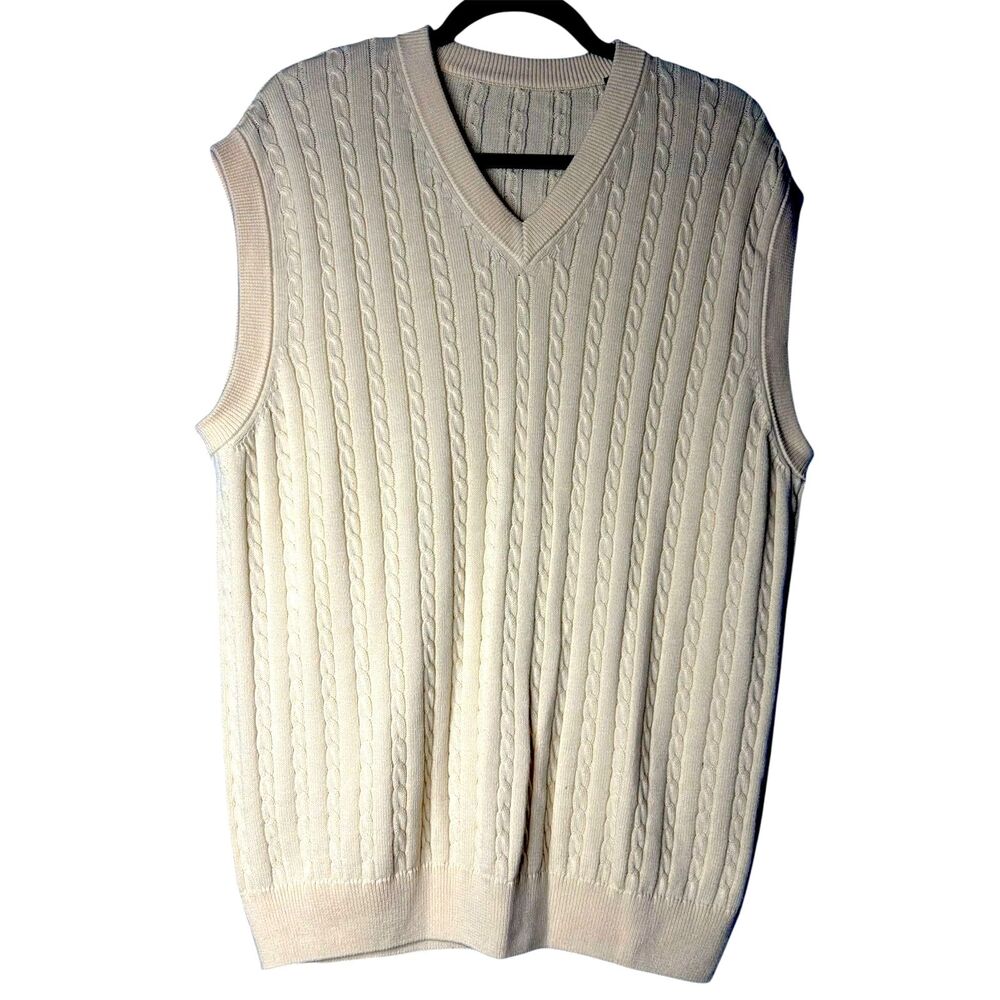 Men Yellow Cable Knit Sweater Vest XL Pastel Spring Cotton Preppy Old Money Golf